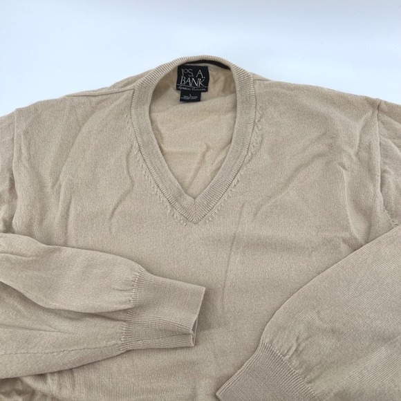 JO S A BANK Other - JO S A BANK Mens V Neck Sweater L 100% Italian Merino Wool Beige Long Sleeve